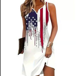 (NEW Women's Casual Sleeveless V-Neck Dress Patriotic American Flag-Inspired Med
